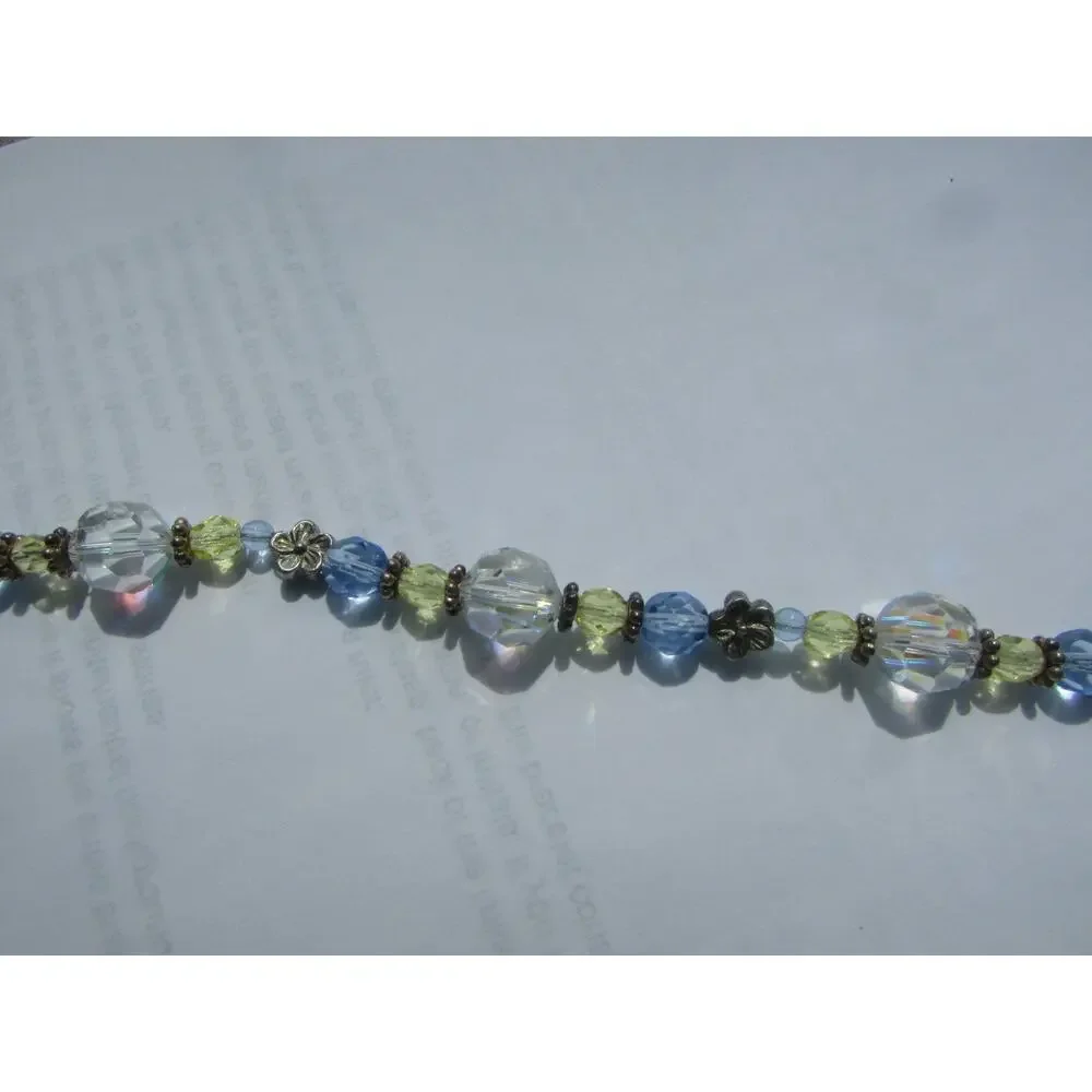 Handmade Irisdescent Blue Yellow Crystal Beaded Silver Tone Toggle Bracelet